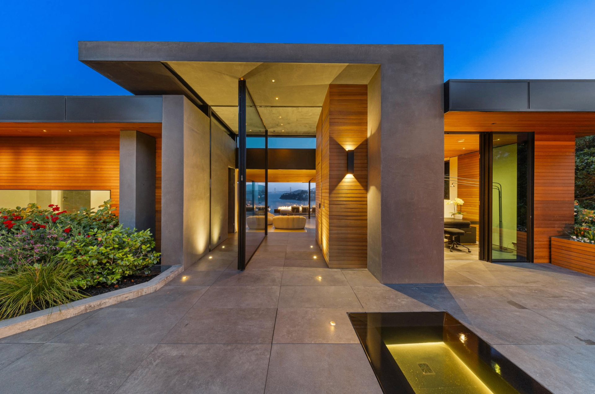 A private residence at dusk overlooking the San Francisco Bay